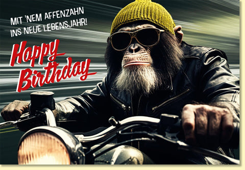 Geburtstagskarte lustig Affe auf Motorrad mit Sonnenbrille und Mütze witzige Doppelkarte für Männer Frauen originelle Glückwünsche
