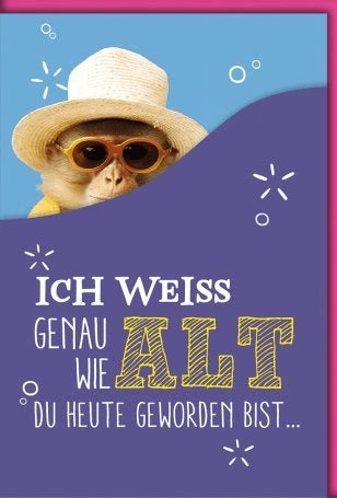 Geburtstagskarte Lustig – Affe mit Sonnenbrille und bunter Torte im Retro - Stil