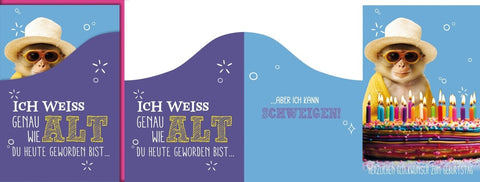 Geburtstagskarte Lustig – Affe mit Sonnenbrille und bunter Torte im Retro - Stil
