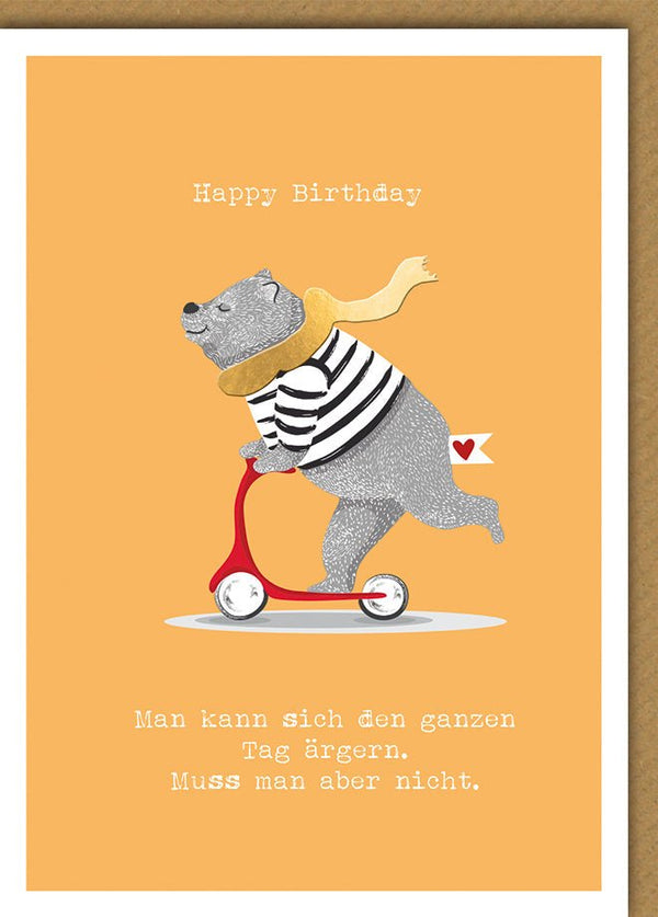Geburtstagskarte Lustig – Bär auf Roller mit Herz und humorvollem Spruch