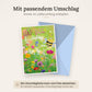 Geburtstagskarte Lustig – Biene im Blumenfeld mit Herzflug und buntem Design