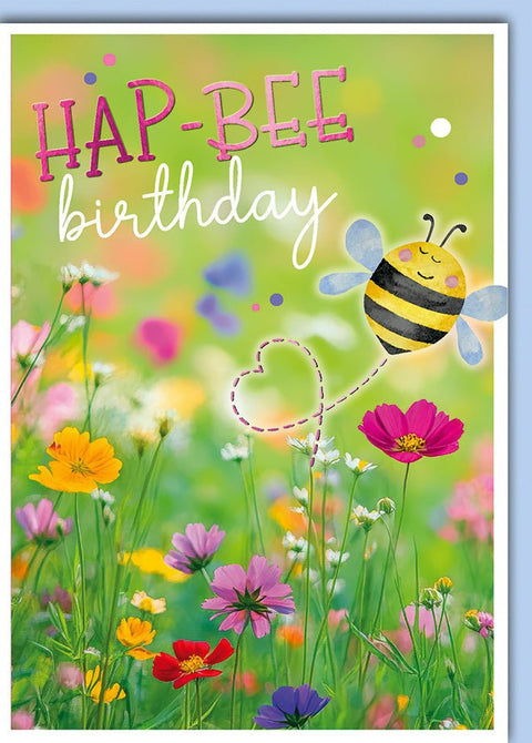 Geburtstagskarte Lustig – Biene im Blumenfeld mit Herzflug und buntem Design