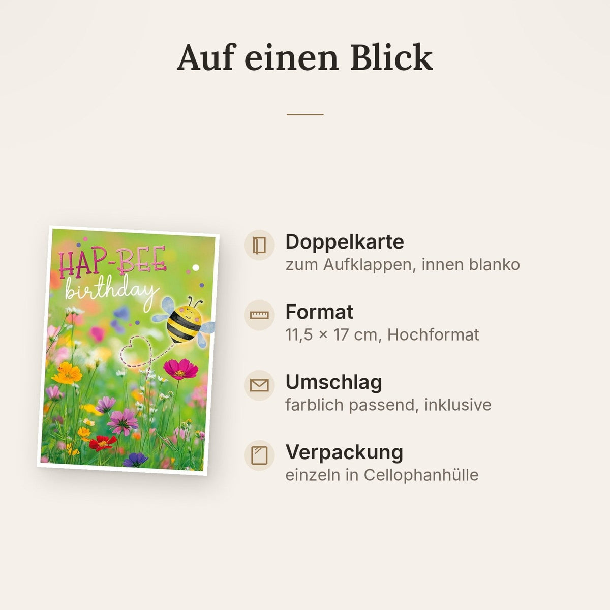 Geburtstagskarte Lustig – Biene im Blumenfeld mit Herzflug und buntem Design