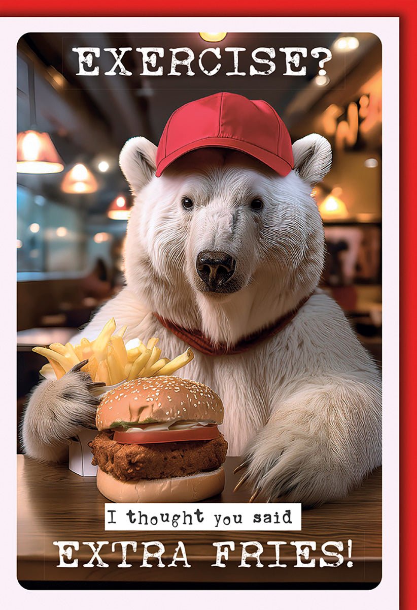 Geburtstagskarte Lustig – Eisbär mit Burger und Pommes im Fast - Food - Stil