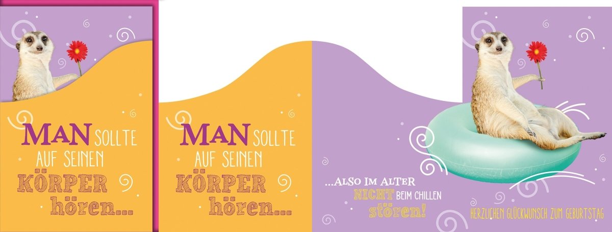 Geburtstagskarte Lustig – Erdmännchen auf Schwimmring mit Blume und Humor - Spruch