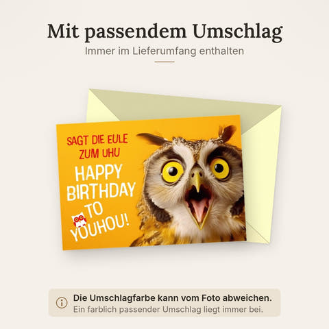 Geburtstagskarte lustig Eule Uhu Happy Birthday to Youhou witzige Doppelkarte Tiermotiv gelb originelle Grußkarte für Geburtstagswünsche