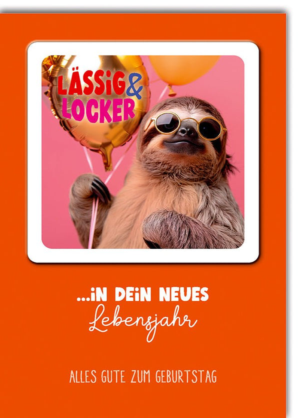 Geburtstagskarte Lustig – Faultier mit Sonnenbrille und Ballons auf knalligem Orange