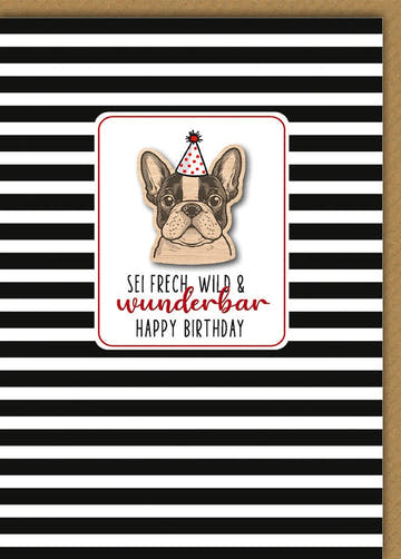 Geburtstagskarte Lustig – Französische Bulldogge mit Partyhut und Streifenmuster