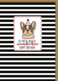 Geburtstagskarte Lustig – Französische Bulldogge mit Partyhut und Streifenmuster