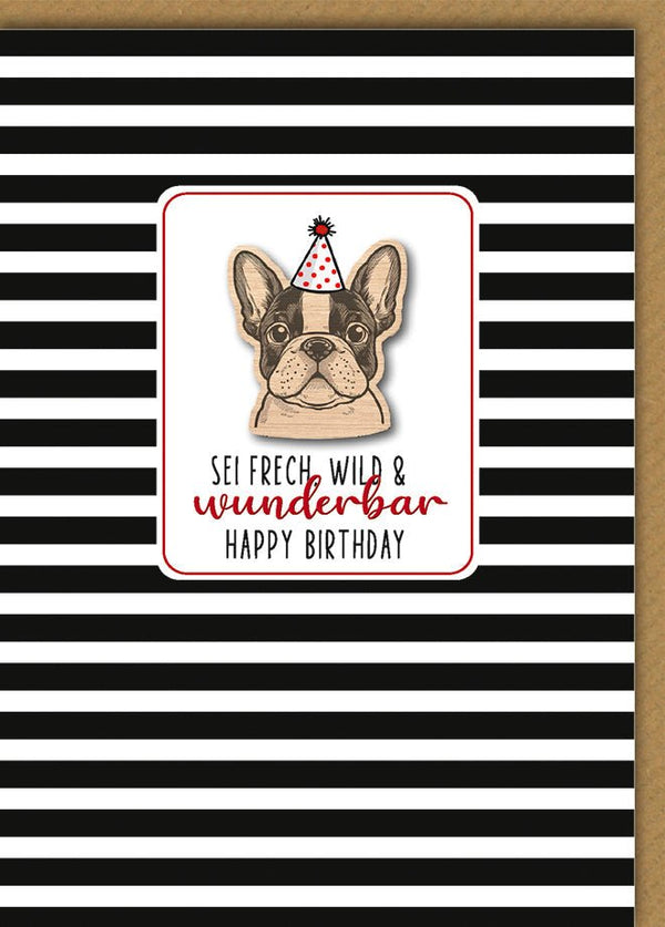 Geburtstagskarte Lustig – Französische Bulldogge mit Partyhut und Streifenmuster
