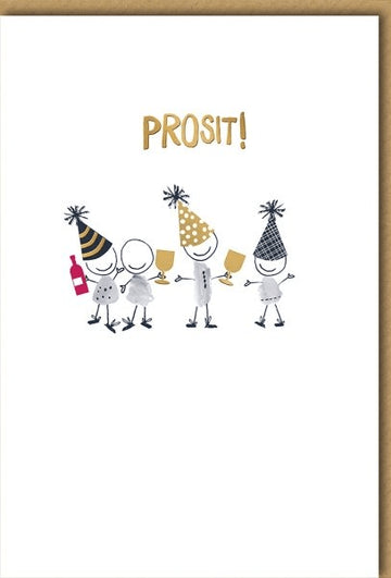 Geburtstagskarte Lustig – Fröhliche Strichmännchen mit Partyhüten und Sektgläsern