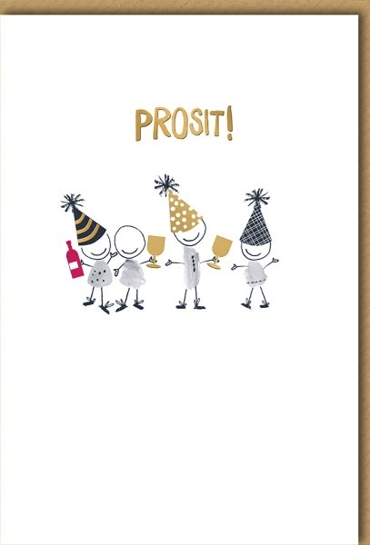 Geburtstagskarte Lustig – Fröhliche Strichmännchen mit Partyhüten und Sektgläsern