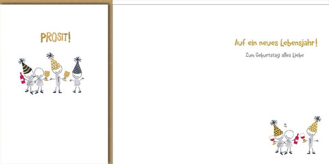 Geburtstagskarte Lustig – Fröhliche Strichmännchen mit Partyhüten und Sektgläsern