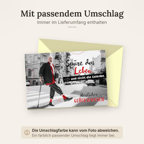 Geburtstagskarte lustig für Männer mit Spruch Spüre das Leben und nicht die Gelenke Retro Design rote Akzente witzige Doppelkarte