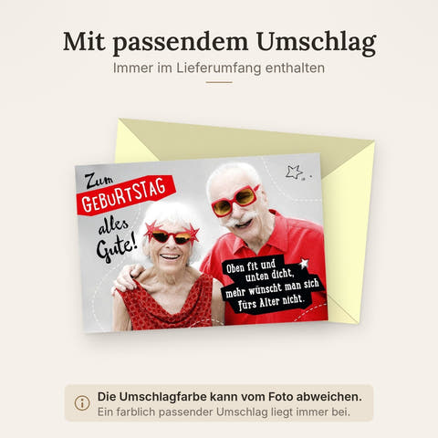 Geburtstagskarte lustig für Senioren mit Spruch Oben fit und unten dicht witzige Doppelkarte rote Brille Sternbrille Vintage Design