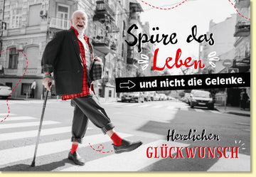 Geburtstagskarte lustig für Männer mit Spruch Spüre das Leben und nicht die Gelenke Retro Design rote Akzente witzige Doppelkarte