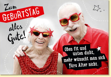 Geburtstagskarte lustig für Senioren mit Spruch Oben fit und unten dicht witzige Doppelkarte rote Brille Sternbrille Vintage Design