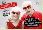 Geburtstagskarte lustig für Senioren mit Spruch Oben fit und unten dicht witzige Doppelkarte rote Brille Sternbrille Vintage Design