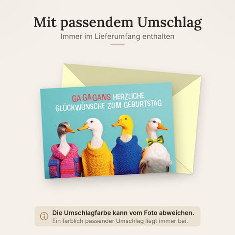 Geburtstagskarte lustig Gänse mit Pullover und Fliege witzige Doppelkarte bunte Grußkarte originelle Glückwünsche zum Geburtstag