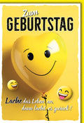 Geburtstagskarte Lustig – Gelber Herzballon mit Smiley und humorvollem Spruch