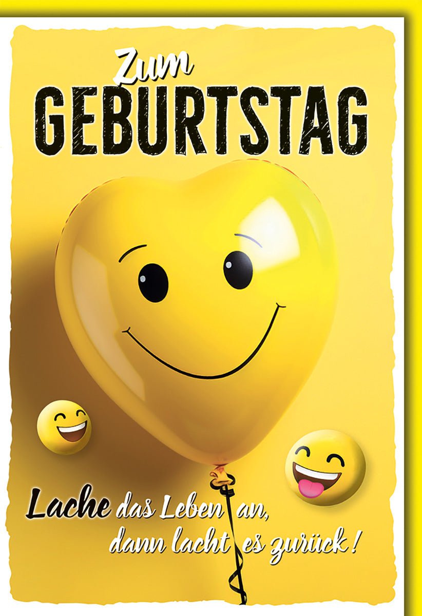 Geburtstagskarte Lustig – Gelber Herzballon mit Smiley und humorvollem Spruch