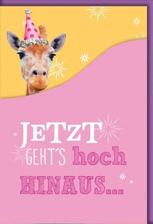 Geburtstagskarte Lustig – Giraffe mit Partyhut und Geschenken in buntem Design