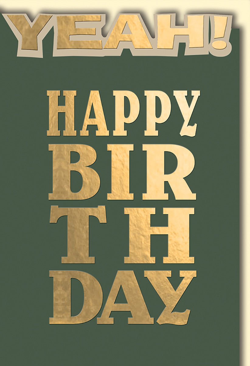Geburtstagskarte Lustig – Goldene Buchstaben auf Grün mit "YEAH!" im Pop - Art - Stil