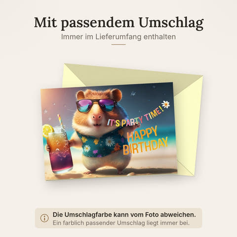 Geburtstagskarte lustig Hamster mit Sonnenbrille und Cocktail am Strand fröhliche Doppelkarte für Geburtstagsgrüße Party Motiv