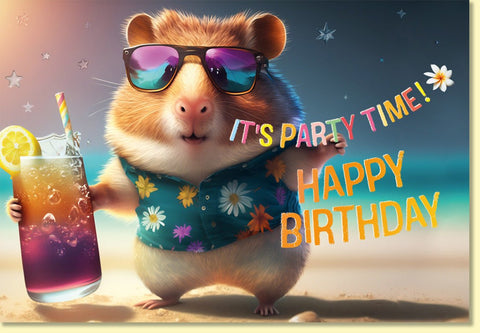 Geburtstagskarte lustig Hamster mit Sonnenbrille und Cocktail am Strand fröhliche Doppelkarte für Geburtstagsgrüße Party Motiv