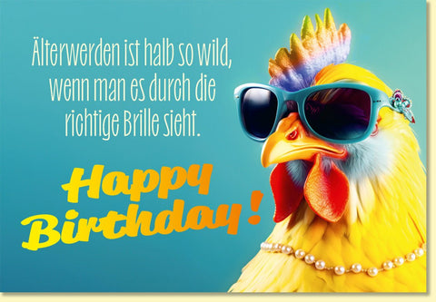 Geburtstagskarte lustig Huhn mit Sonnenbrille und Perlenkette witzige Doppelkarte zum Geburtstag für Frauen und Männer originelle Grußkarte