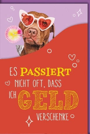 Geburtstagskarte Lustig – Hund mit Herzbrille und Geschenken in buntem Design