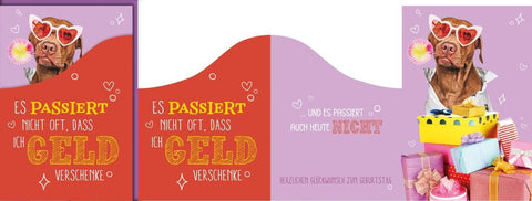 Geburtstagskarte Lustig – Hund mit Herzbrille und Geschenken in buntem Design