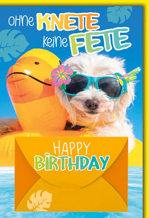 Geburtstagskarte Lustig – Hund mit Sonnenbrille auf Schwimmtier und buntem Umschlag