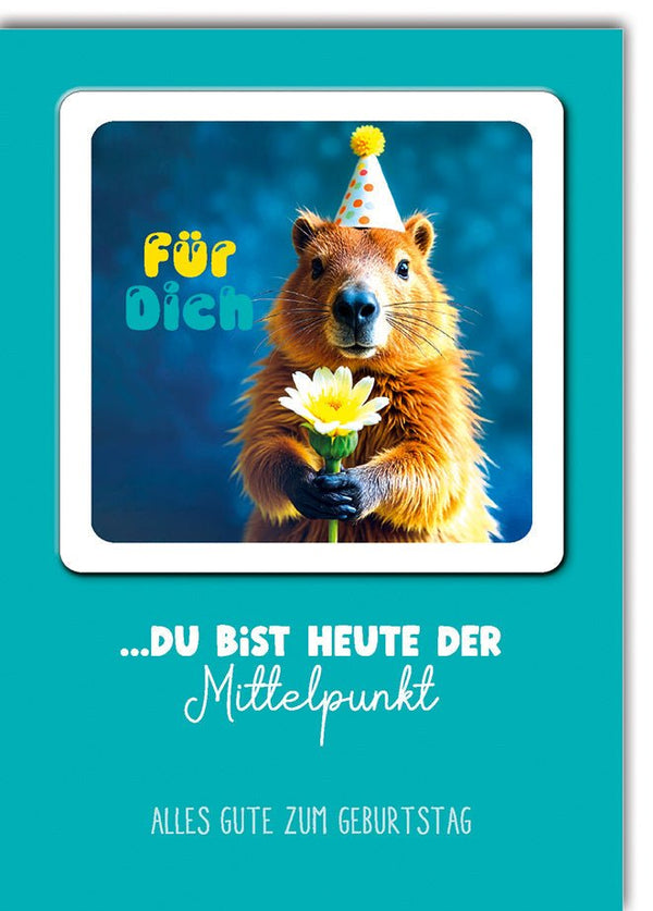 Geburtstagskarte Lustig – Kapuzineräffchen mit Partyhut und Blume in leuchtendem Blau