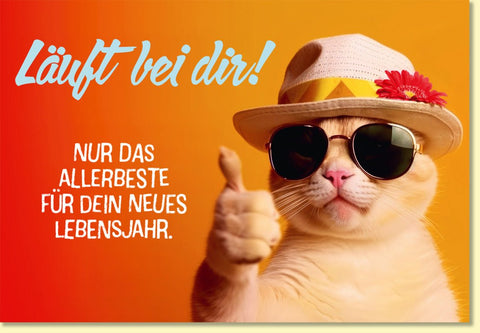 Geburtstagskarte lustig Katze mit Sonnenbrille und Hut Daumen hoch witzige Doppelkarte Alles Gute zum Geburtstag originelle Grußkarte