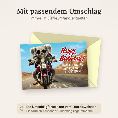 Geburtstagskarte lustig Koala auf Motorrad Route 66 Abenteuer Spruch Happy Birthday originelle Doppelkarte für Männer und Frauen