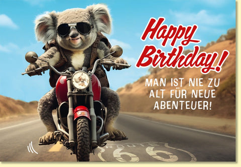 Geburtstagskarte lustig Koala auf Motorrad Route 66 Abenteuer Spruch Happy Birthday originelle Doppelkarte für Männer und Frauen