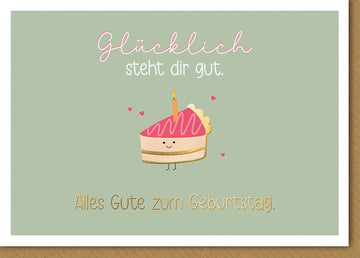 Geburtstagskarte Lustig – Kuchen mit Kerze und Herzchen auf Pastellgrün