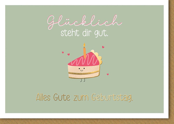 Geburtstagskarte – Kuchen mit Kerze und Herzchen auf Pastellgrün