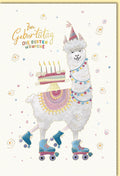 Geburtstagskarte lustig Lama mit Rollschuhen und Geburtstagstorte farbenfroh witzige Doppelkarte für Kinder und Erwachsene