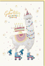 Geburtstagskarte lustig Lama mit Rollschuhen und Geburtstagstorte farbenfroh witzige Doppelkarte für Kinder und Erwachsene