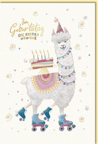 Geburtstagskarte lustig Lama mit Rollschuhen und Geburtstagstorte farbenfroh witzige Doppelkarte für Kinder und Erwachsene