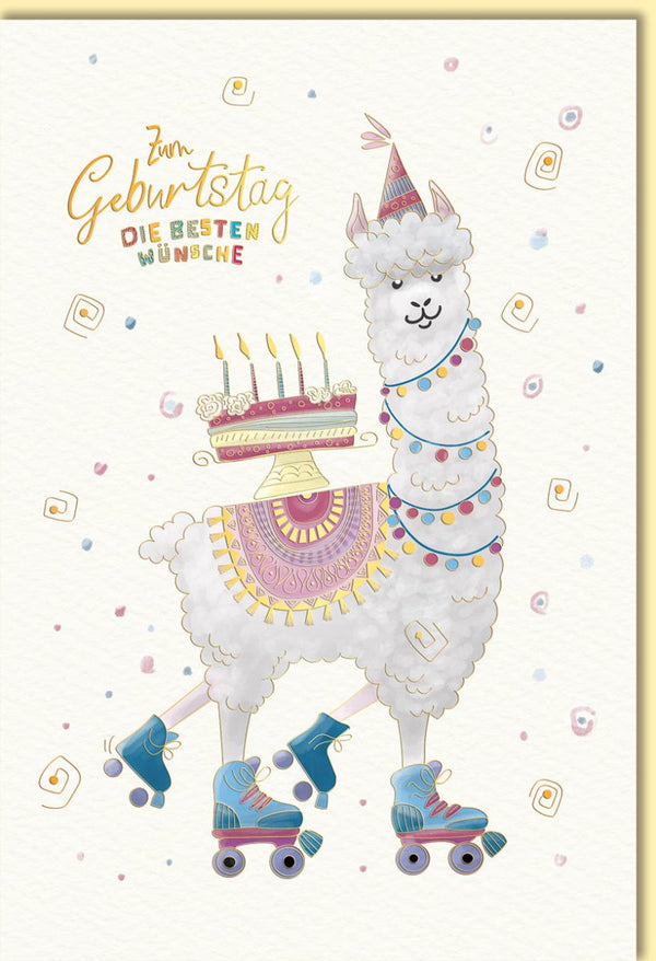 Geburtstagskarte lustig Lama mit Rollschuhen und Geburtstagstorte farbenfroh witzige Doppelkarte für Kinder und Erwachsene