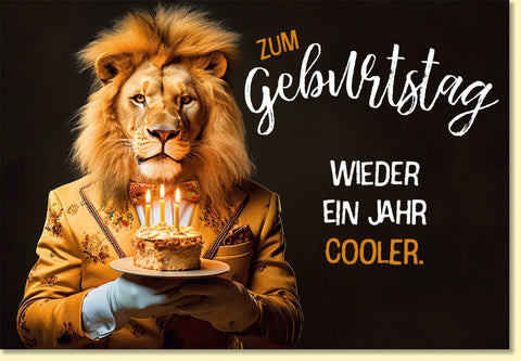 Geburtstagskarte lustig Löwe im Anzug mit Torte und Kerzen originelle Doppelkarte zum Geburtstag witzige Grußkarte für Männer und Frauen