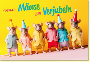 Geburtstagskarte lustig Mäuse im Party-Outfit mit Spruch Ein paar Mäuse zum Verjubeln witzige Doppelkarte für Geburtstagsgrüße
