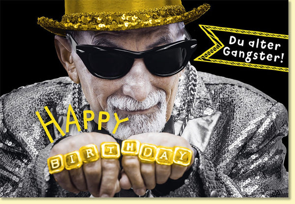 Geburtstagskarte lustig mit coolem Opa als Gangster Motiv witzige Doppelkarte Happy Birthday Du alter Gangster für Männer und Frauen