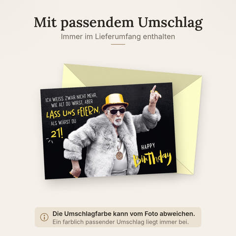 Geburtstagskarte lustig mit coolem Opa im Pelzmantel und Goldhut witzige Doppelkarte zum Geburtstag für Männer und Frauen