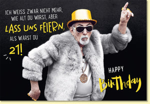 Geburtstagskarte lustig mit coolem Opa im Pelzmantel und Goldhut witzige Doppelkarte zum Geburtstag für Männer und Frauen