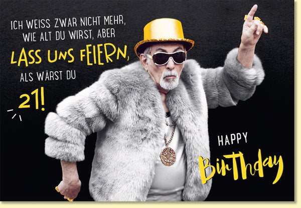 Geburtstagskarte lustig mit coolem Opa im Pelzmantel und Goldhut witzige Doppelkarte zum Geburtstag für Männer und Frauen