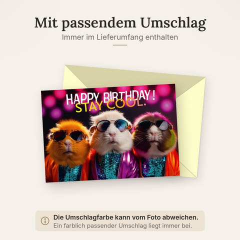 Geburtstagskarte lustig mit coolen Meerschweinchen in Sonnenbrillen und Glitzerjacken Happy Birthday Stay Cool witzige Doppelkarte